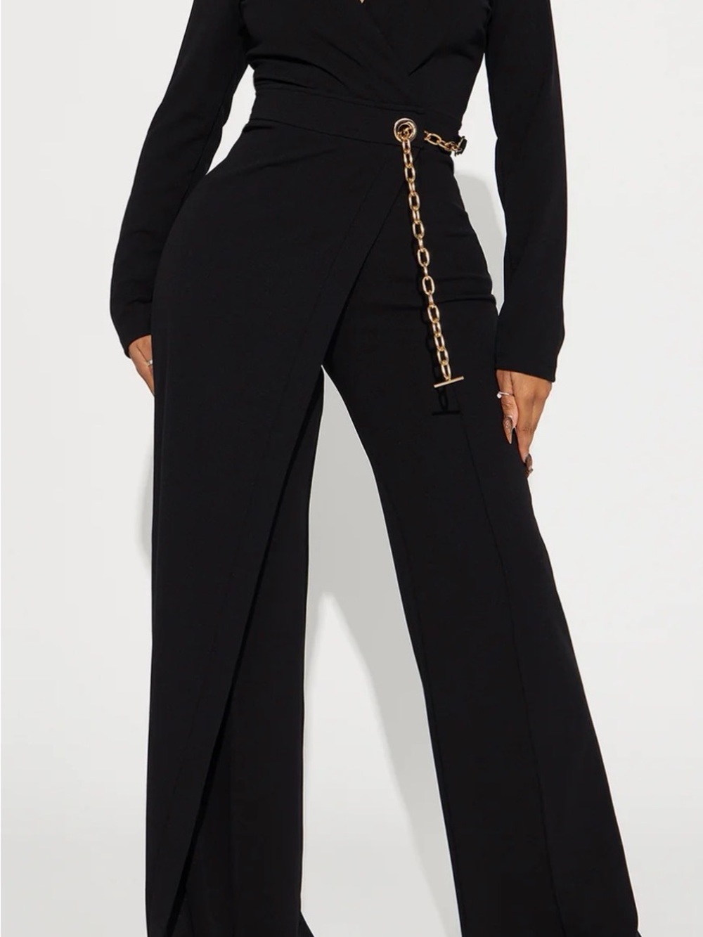 Fashion Nova Black Long Sleeve Jumpsuit with Gold Chain